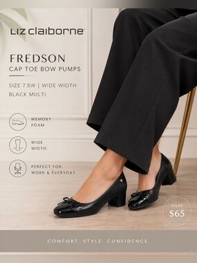 NWT Liz Claiborne Fredson Black Cap Toe Bow Pumps 7.5W Wide Width
